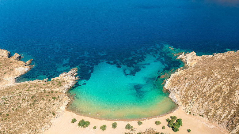 An aerial view of Psili Ammos, Patmos, Greece