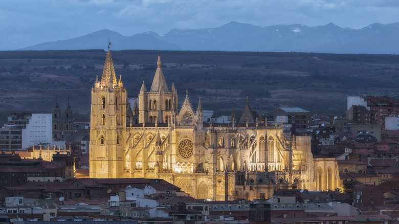 Santa María de León Cathedral shining during sunset in León, Spain