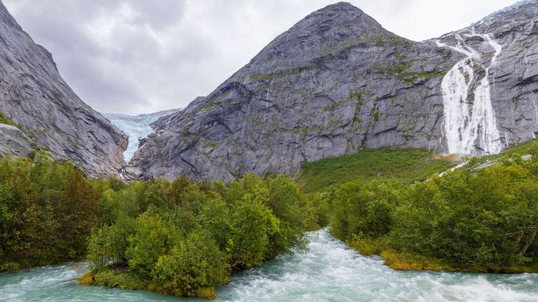 Brikdalsbreen glacier and river in Jostedalsbreen National Park, Norway