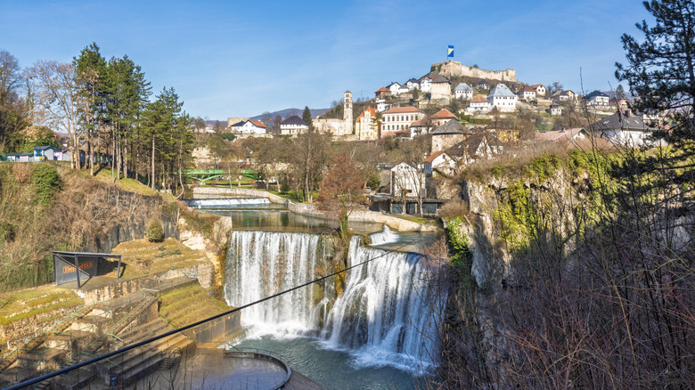 The Pliva Waterfall at the center of Jajce, Bosnia and Herzegovina