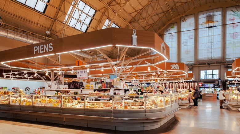 Riga Central Market interiors with food in cases