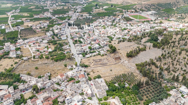 Aerial view of the whitewashed houses and manicured trees of Larissa, Greece