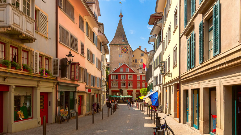 A colorful street in the Old Town of Zurich, Switzerland