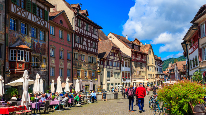 Tourists walking through the historic old town of Stein am Rhein
