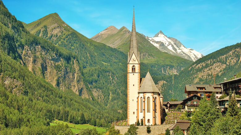 A church with the Grossglockner mountain in the background