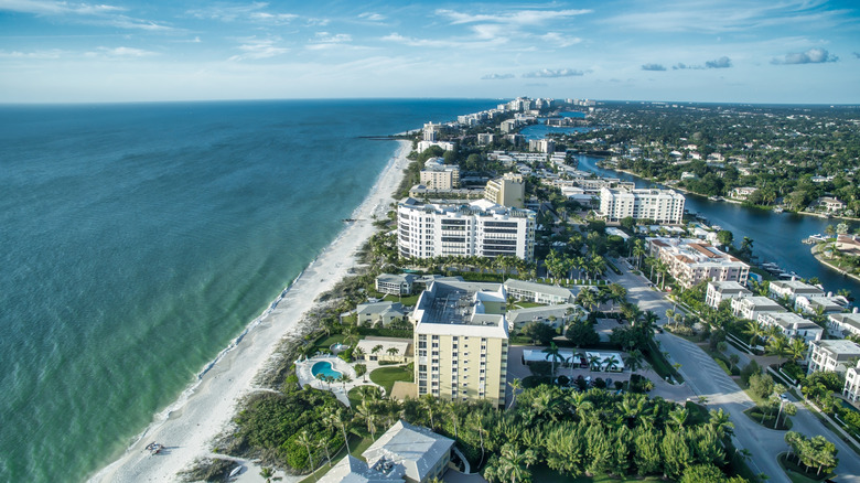 Aerial view of Naples, Florida buildings and shoreline