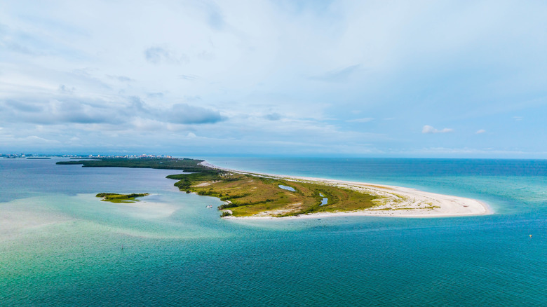 aerial shot of Dunedin showing sand and blue water