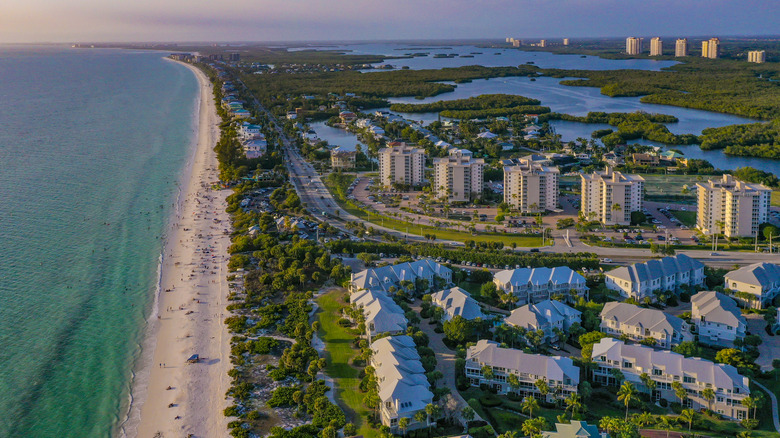 Aerial view of Bonita Springs, Florida with beach shoreline
