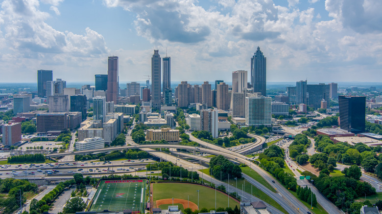 An aerial view of the downtown Atlanta skyline