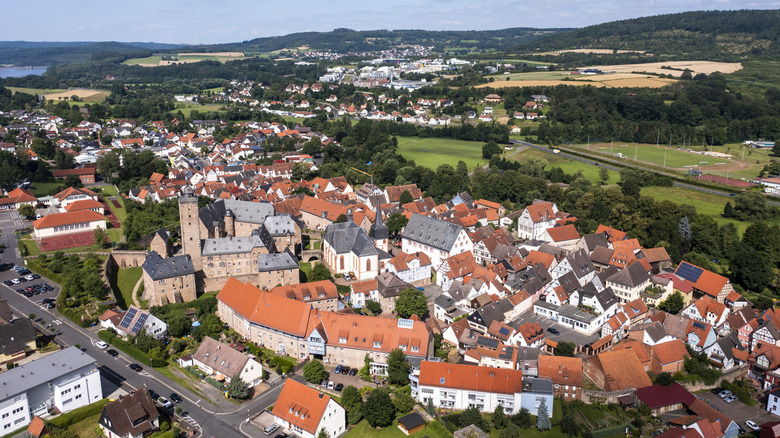 Aerial view of red-roofed traditional German village of Steinau