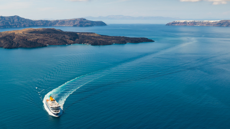 Ferry seen cruising in the Aegean, arriving in Santorini.