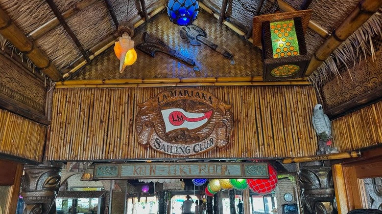 The interior of La Mariana with tiki culture decor and bamboo walls