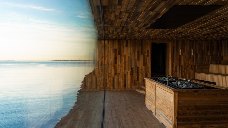 Sauna at the Sky Lagoon in Kópavogur, Iceland, which features the largest window in the country
