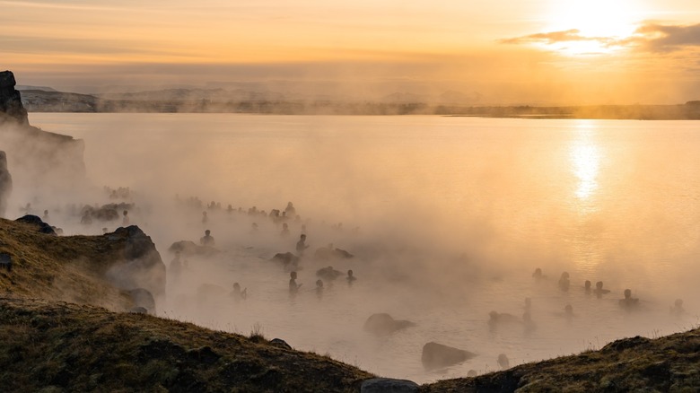 View of the Sky Lagoon in Kópavogur, Iceland, at sunset