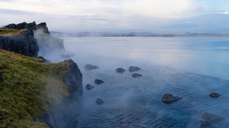 View of the Sky Lagoon in Kópavogur, Iceland, which overlooks the North Atlantic Ocean