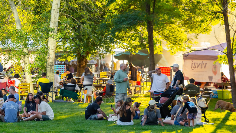Diners gathered on the grass at Green Acres Food Truck Park along the Boise River Greenbelt in Idaho