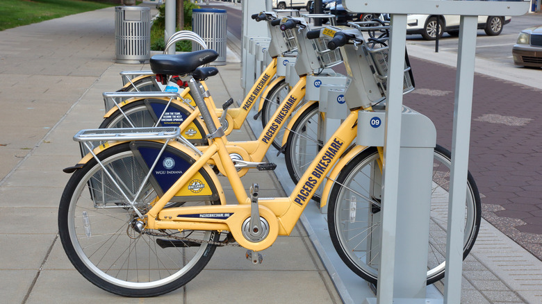 Pacers Bikeshare bike rack in Indianapolis Cultural Trail
