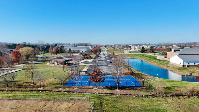 Drone shot of a small town in Indiana