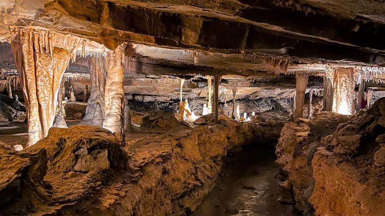 Stalactite and stalagmite formations in Marengo Cave, Indiana