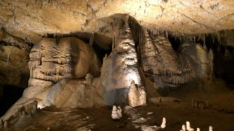 Stalactite and stalagmite formations in Marengo Cave, Indiana