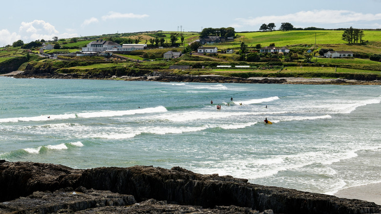 On a bright day at Inchydoney Beach, surfers ride gentle waves