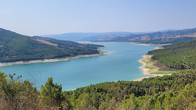 Lago di Occhito and surrounding countryside seen from a hill in Italy