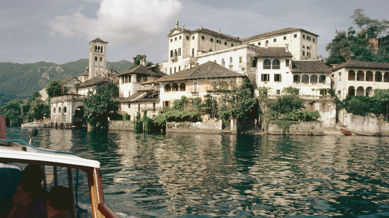 White buildings on the Isola San Giulio on Lake Orta in Piedmont, Italy