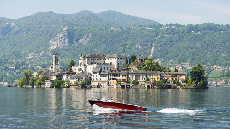 Boat on Lake Orta with Isola San Giulio behind