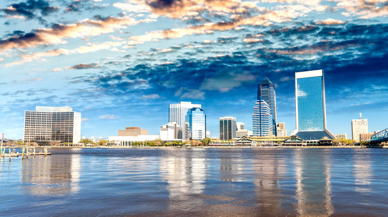 The shoreline in front of St. John's River with Jacksonville's skyline in the background