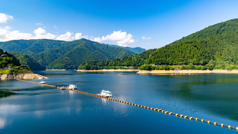 Lush mountain scenery around Lake Okutama in Japan
