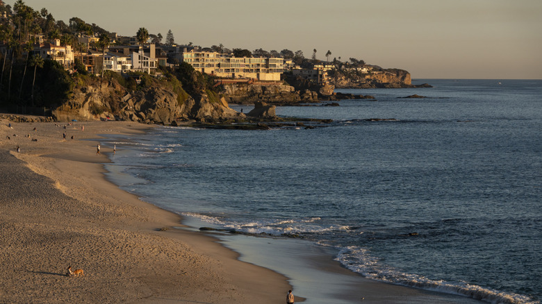 Views of California's Aliso Beach at sunset with houses on the cliff in the background