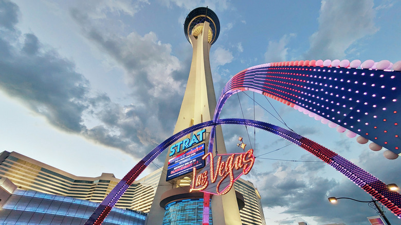 A look at The Strat hotel and its tall observation tower in Las Vegas, Nevada