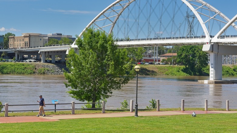 Man walking along the river trail in Little Rock, Arkansas