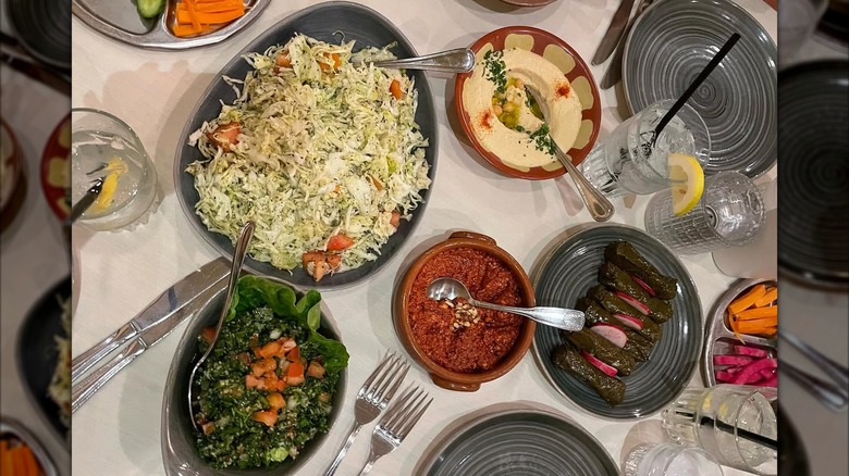 Muhammara, hummus, sarma, and tabbouleh from Lebanese-Armenian establishment, Carousel Restaurant in Little Armenia, Los Angeles