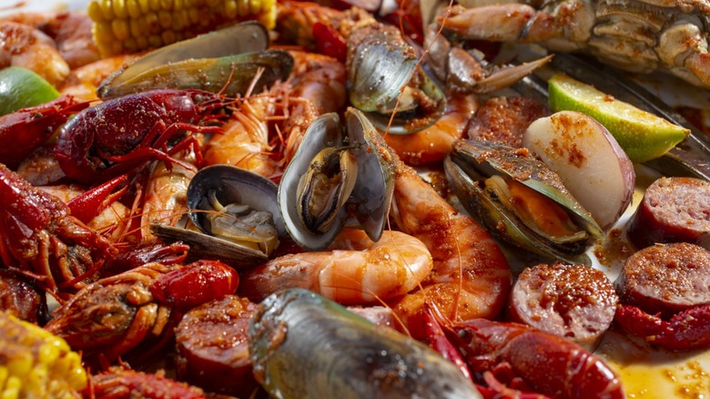 Louisiana Cajun shellfish boil featuring fresh seafood.