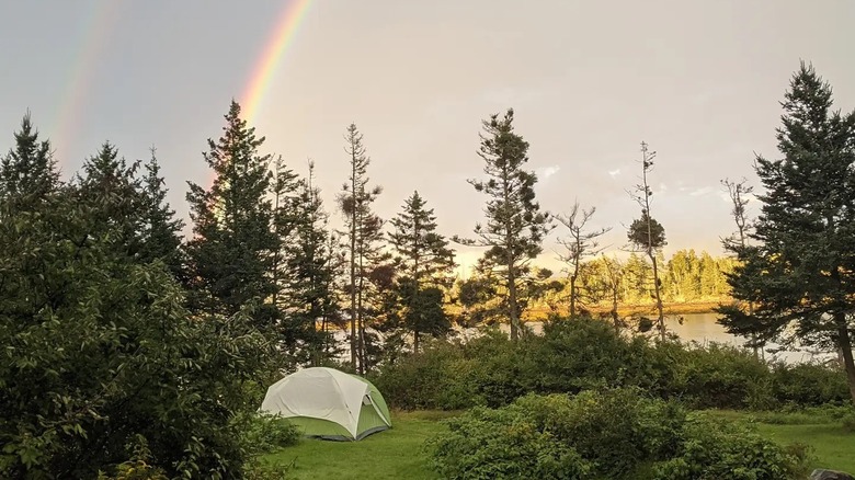 A tent on Warren Island, Maine with a rainbow in the background