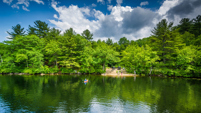 Massabesic Lake in Manchester, New Hampshire with bright trees lining the shore with people kayaking in the water.