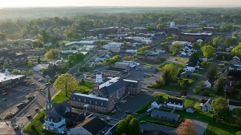 Aerial view of Bel Air, Maryland, with homes, lawns, and streets around the courthouse