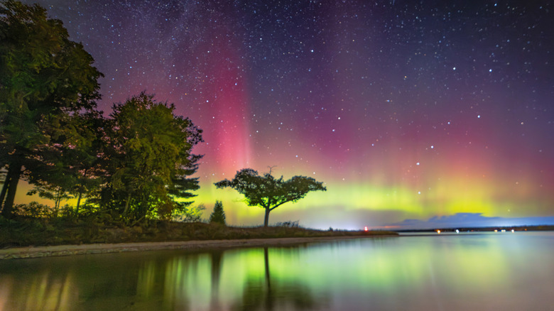 The aurora borealis over Detroit Point, Higgins Lake, Michigan