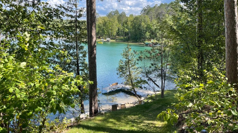 A dock on a shoreline with turquoise water, surrounded by trees, at Deer Lake, Minnesota