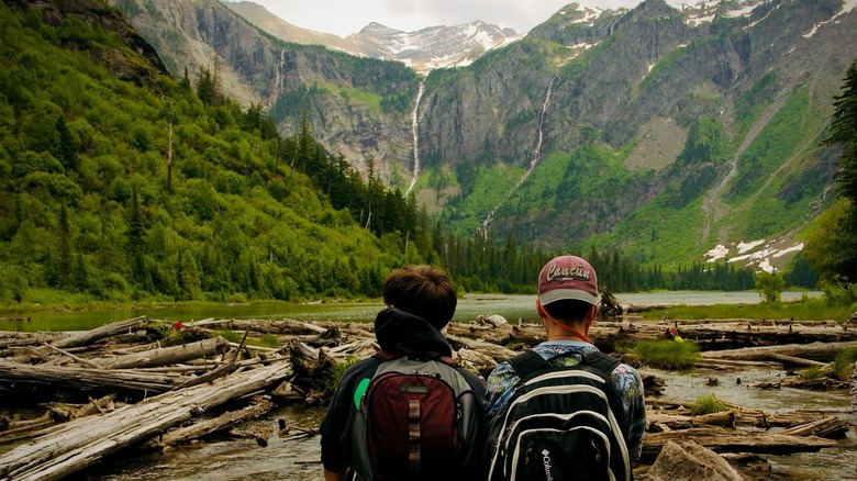 Two people facing the waterfalls