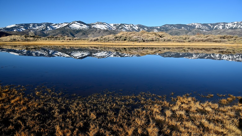 Washoe Lake State Park with mountain backdrop and reflective water