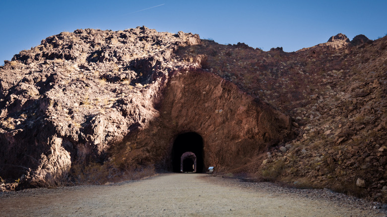 Hiking though old railway tunnels on the Historical Railroad Hiking trail that leads to the Hoover Dam