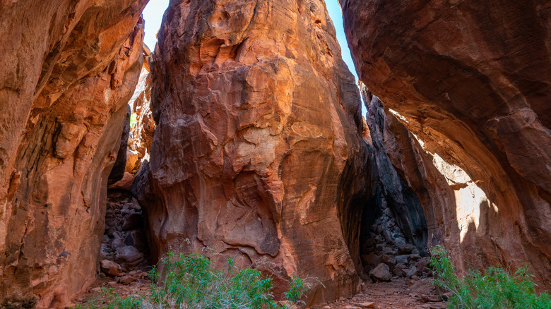 Seven Keyholes Canyon cutting through red rock in Nevada