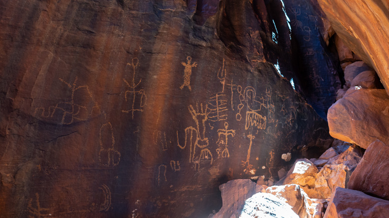Petroglyphs carved into the dark varnish of Seven Keyholes Canyon, Nevada