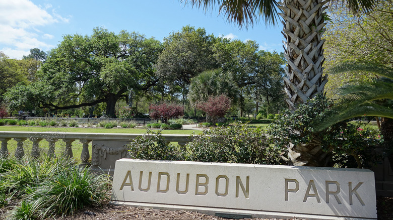 Audubon Park trees and sign in New Orleans, Louisiana