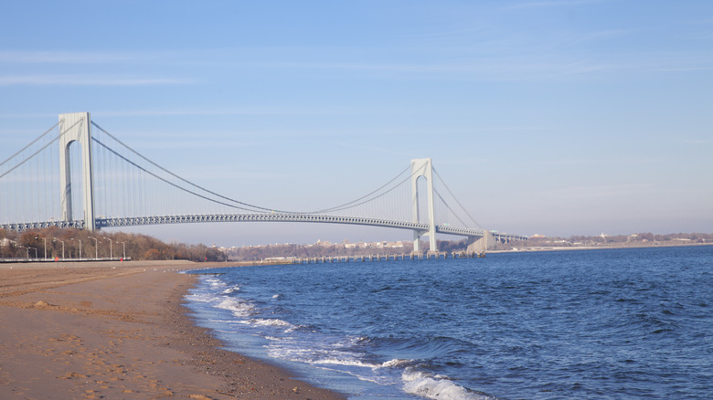 A view of the Verrazzano Bridge with Staten Island beach
