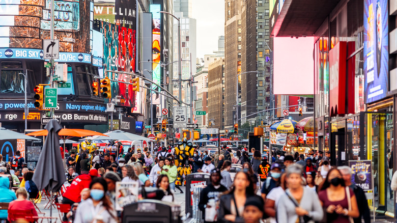 Crowds walking in Times Square, New York City