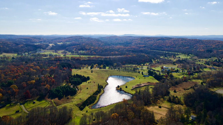 Aerial view over the countryside of Millbrook New York