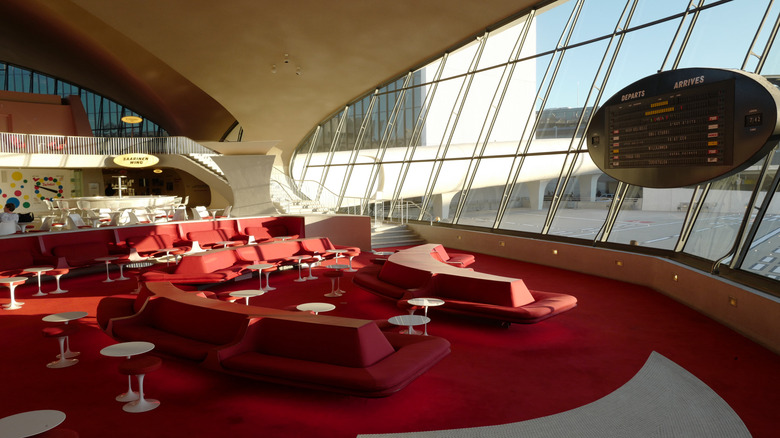Inside the lobby of the TWA Hotel at JFK Airport